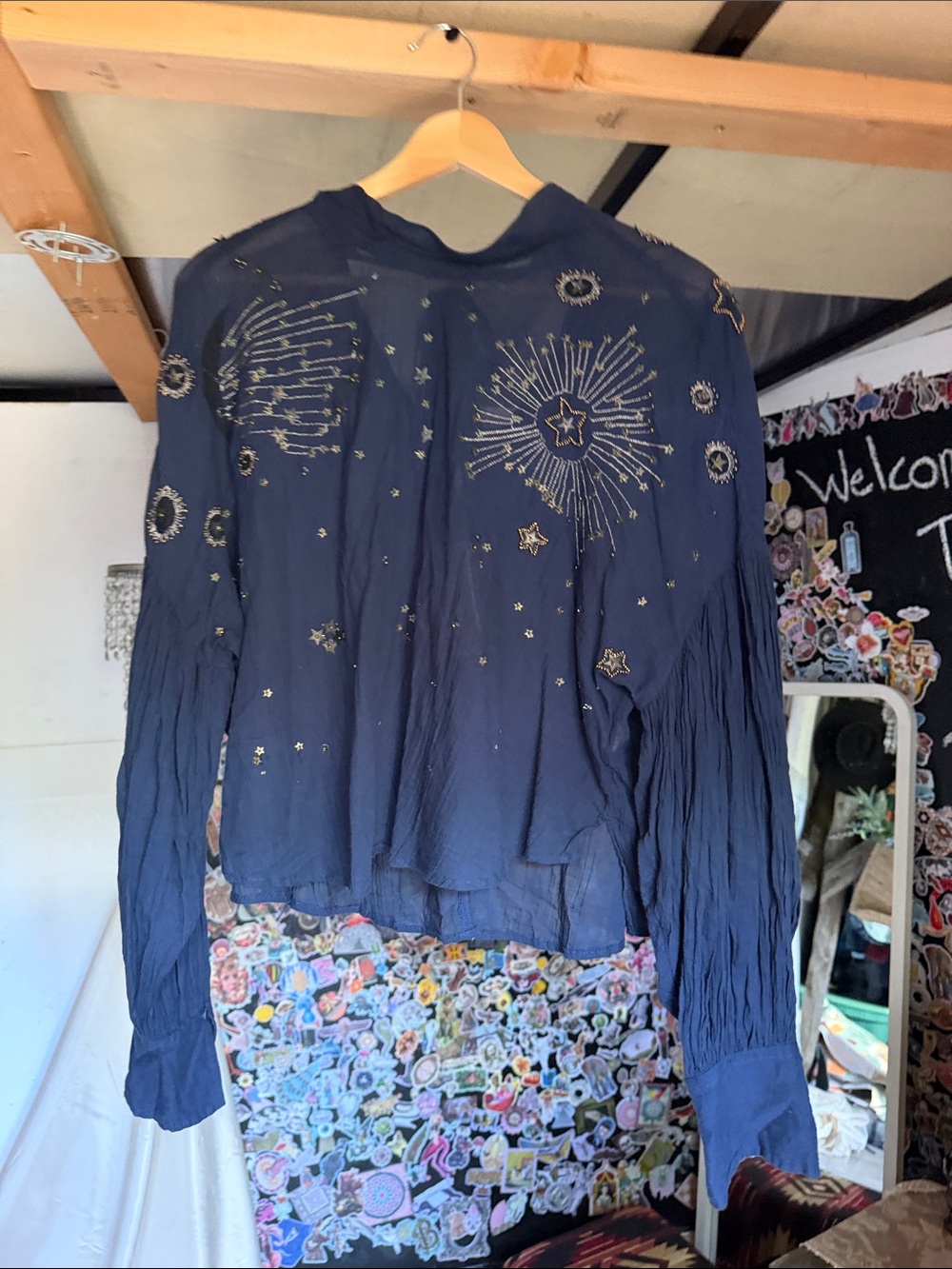 Free People Navy Celestial Embroidered Blouse